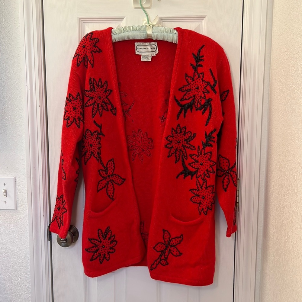 Vintage Adrienne Vittadini Red Sweated Beaded Floral Pockets Cardigan